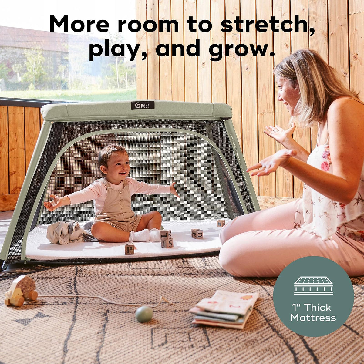 Babymoov Moov & Comfy Cuna de Viaje y Corral 3 en 1, Cama Portátil para Bebé, Bassinet y Playard para Casa, Viajes, Siestas y Juego, Práctico para Uso Diario, Verde Salvia