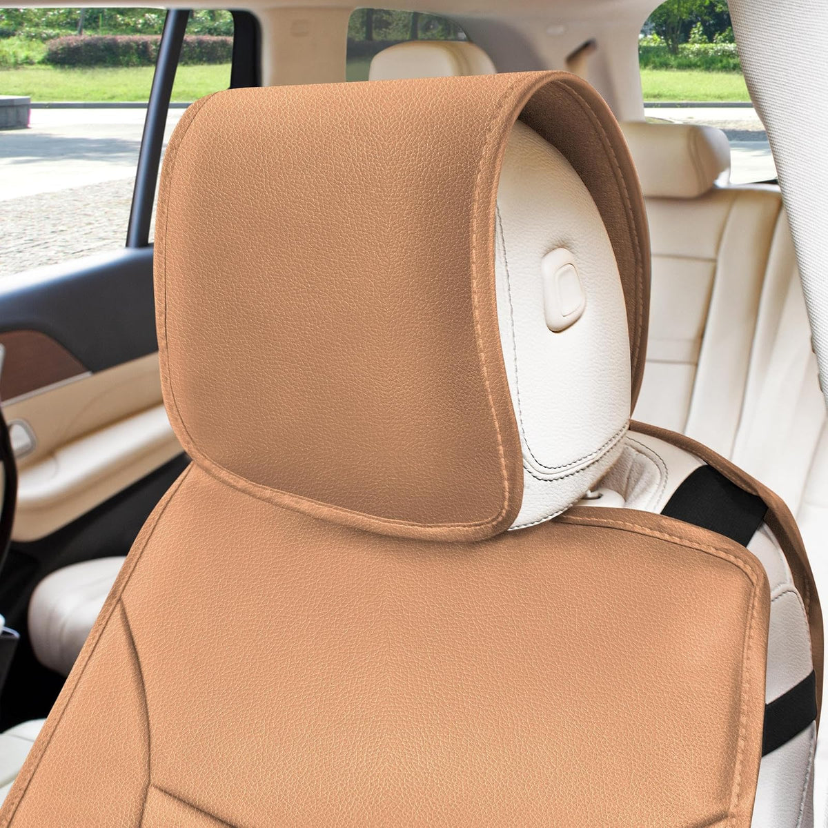 FH GROUP PU206TAN102 Tan Multifunctional Quilted Leather Front Seat Cushion, Set of 2 (W. Seatback Organizer Storage - Airbag Safe)