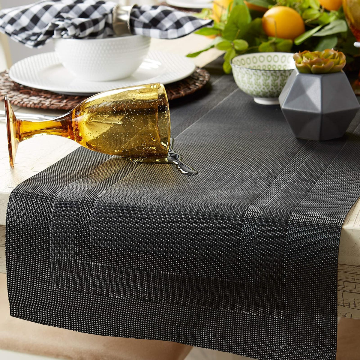 DII Everday, Easy to Clean Indoor/Outdoor Woven Vinyl 14x72" Double Border Table Runner, Black