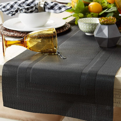 DII Everday, Easy to Clean Indoor/Outdoor Woven Vinyl 14x72" Double Border Table Runner, Black