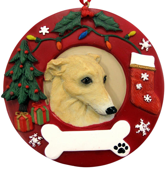 E&S Pets Greyhound - Adorno de Navidad con Forma de Corona Blanca y Cervatillo con Forma de Corona fácilmente Personalizable, Regalo único para Amantes del Galgo