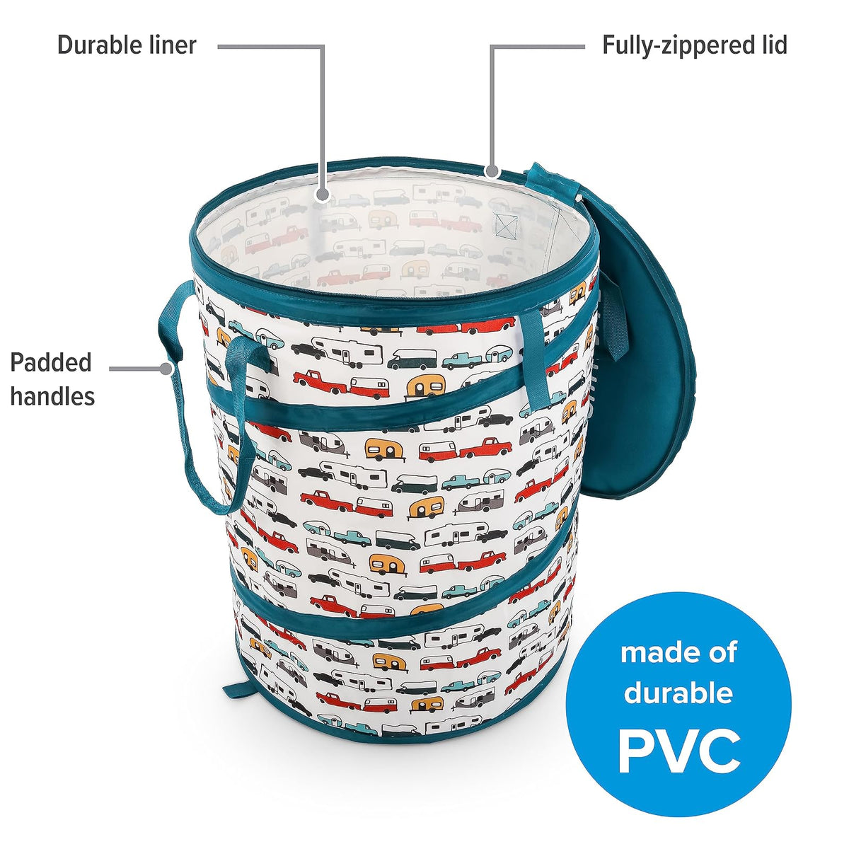 Camco Tear Resistant Pop Up Utility Container, Can Be Used as a Collapsible Storage or Toy Bin 18" x 24" Life Is Better at The Campsite RV Print Design - (42986)