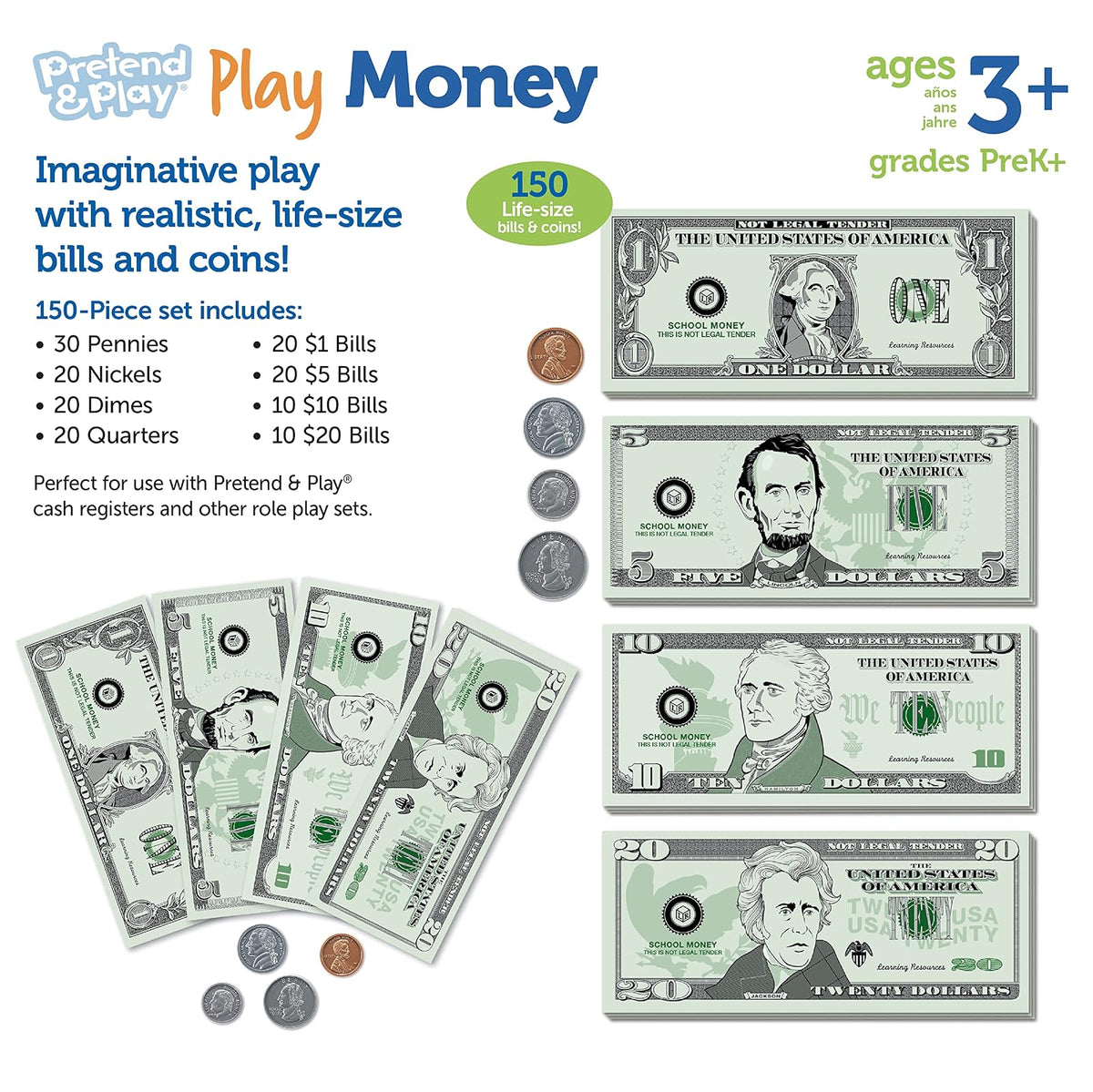 Learning Resources Pretend & Play - Play Money, Dinero para Niños, Billetes y Monedas, Desarrolla Habilidades de Matematicas Basica, 150 Piezas, Edades 3+