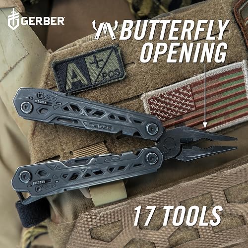 Gerber Gear Truss Multiherramienta 17 en 1 con cuchillo de bolsillo y alicates de punta de aguja, regalos para hombres, equipo EDC compacto, negro con funda estándar