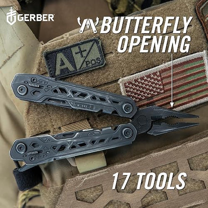 Gerber Gear Truss Multiherramienta 17 en 1 con cuchillo de bolsillo y alicates de punta de aguja, regalos para hombres, equipo EDC compacto, negro con funda estándar