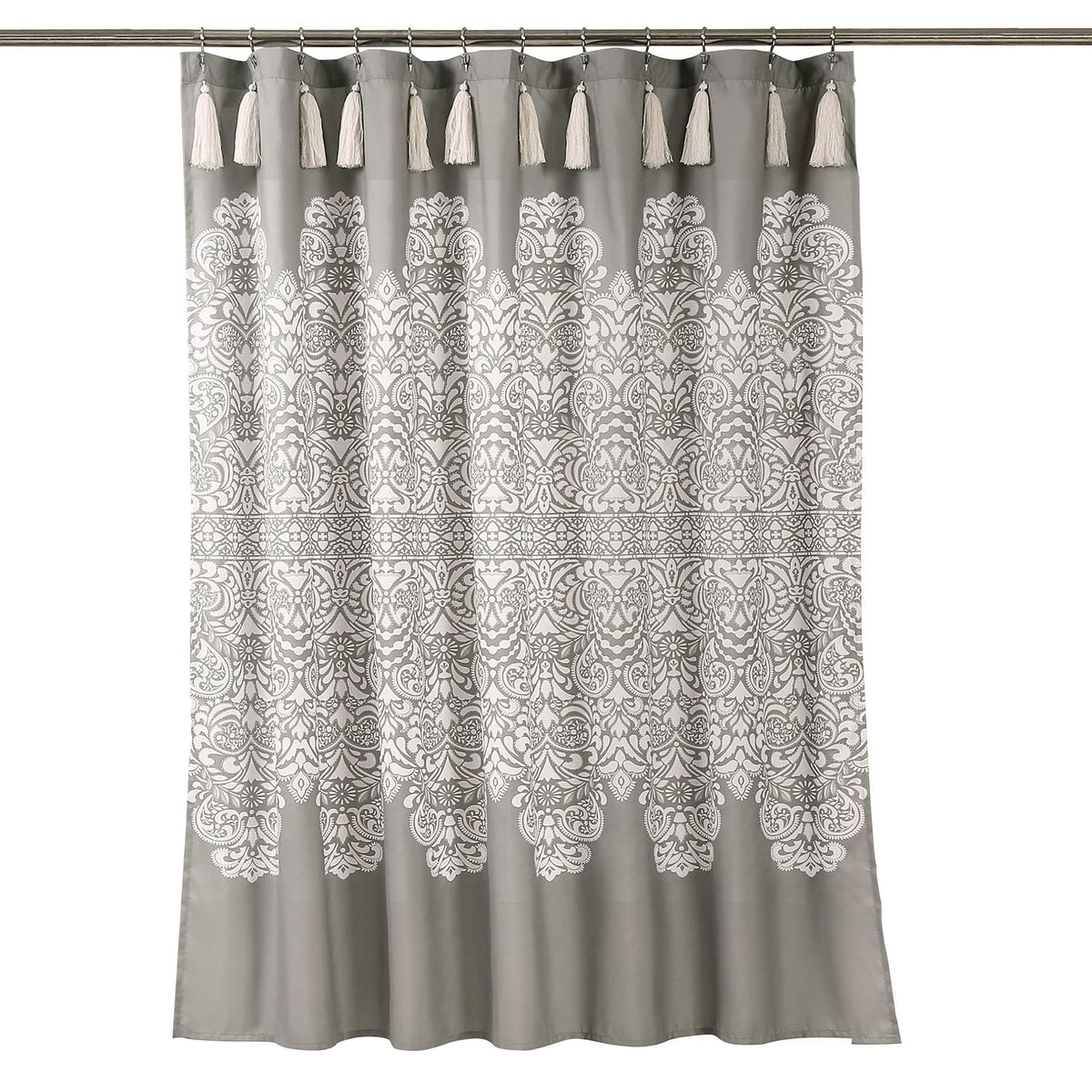 Lush Decor - Cortina de Ducha con medallón Bohemio, diseño Bohemio de Damasco con borlas, 72 x 72 Pulgadas, Color Gris