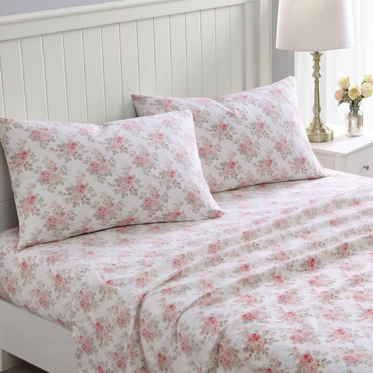 Laura Ashley - Juego de sábanas Queen, Ropa de Cama de Franela de algodón, Cepillado para Mayor suavidad y Comodidad (Lisalee Pink, Queen)