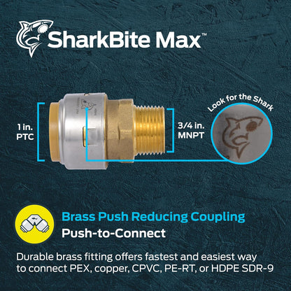 SharkBite Max - Adaptador reductor MNPT de 1 x 3/4 pulgadas, empuje para conectar, tubería PEX, cobre, CPVC, PE-RT, HDPE, UR142A