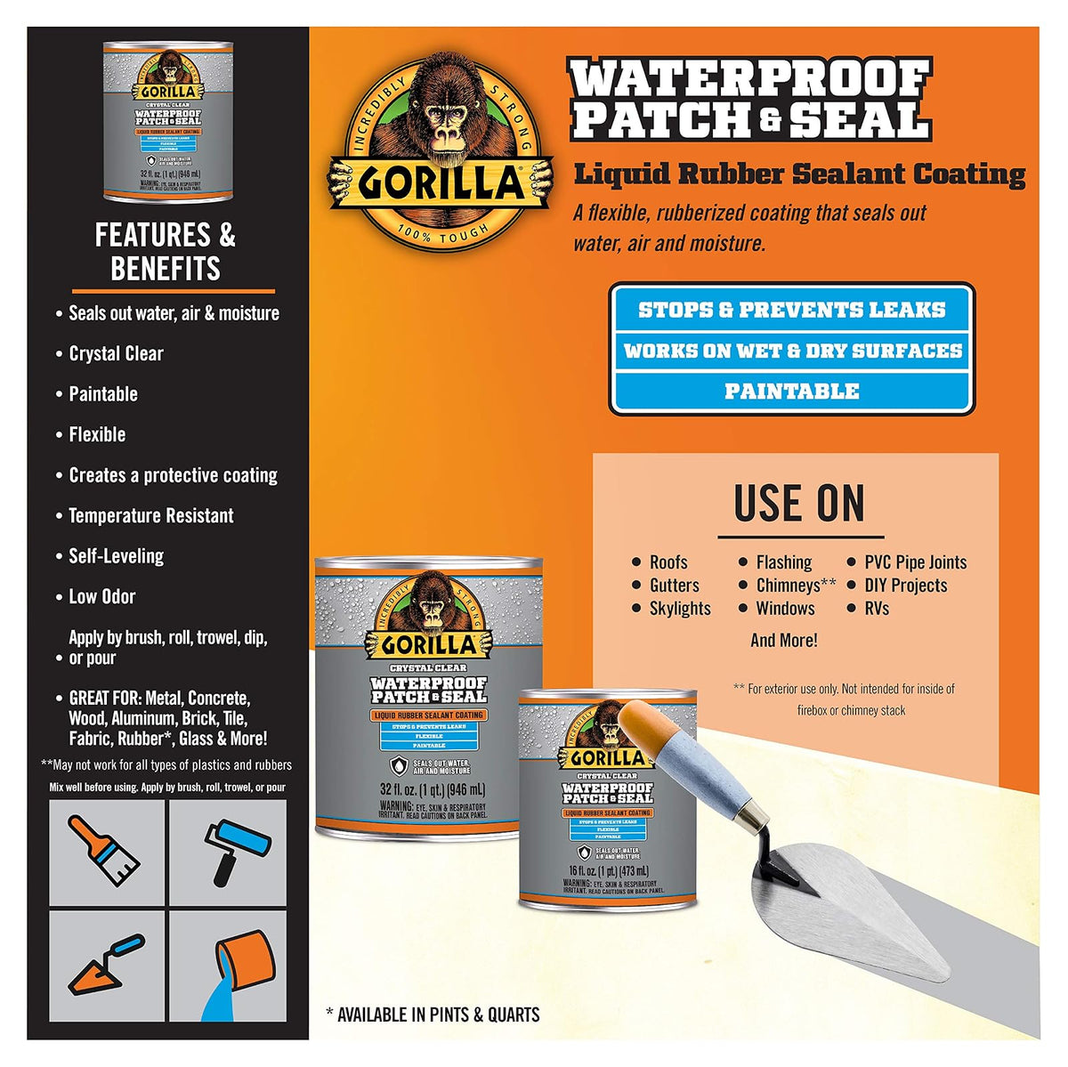 Gorilla Patch & Seal - Sellador impermeable de goma líquida, transparente, 32 onzas (paquete de 1) - Sella el agua, el aire y la humedad
