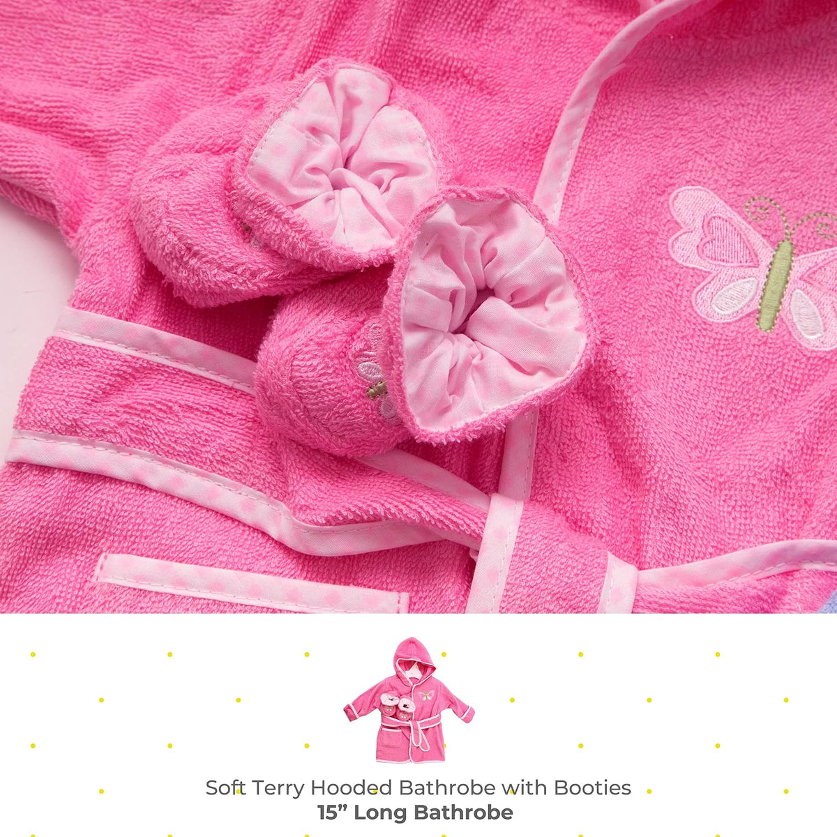 Spasilk Hooded Bathrobe with Booties for Newborn Boys and Girls, Soft Cotton Terry Bathrobe and 1 Pair of Cute Baby Shoes, Baby Essentials, Pink Butterfly