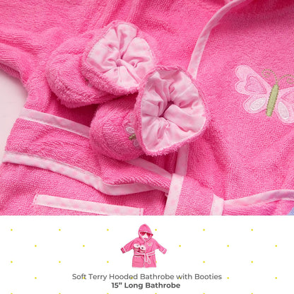 Spasilk Hooded Bathrobe with Booties for Newborn Boys and Girls, Soft Cotton Terry Bathrobe and 1 Pair of Cute Baby Shoes, Baby Essentials, Pink Butterfly