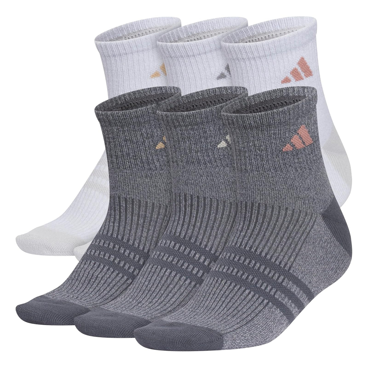 adidas Calcetines Deportivos para Mujer, Paquete de 6 - M - Blanco - Gris Onix Claro - Rosa Arcilla Cálida
