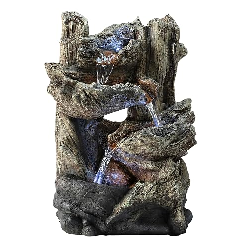 Alpine Corporation WIN794S Fuente de Agua de Troncos en Niveles para Mesa de Interior con Luces LED, Cascada de Luz de Bosque Tropical, 14", Marrón