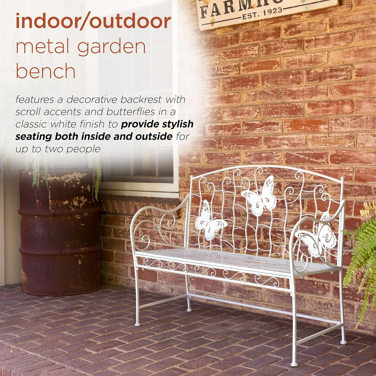 Alpine Corporation 43" L Indoor/Outdoor 2-Person Metal Garden Bench with Butterfly Backrest, White