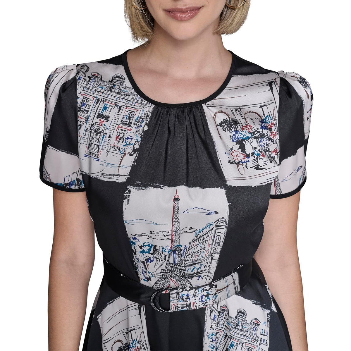 Karl Lagerfeld Short Sleeve Hanky Hem Tie Waist Printed Twill Midi Dress Vestido Informal Mujer