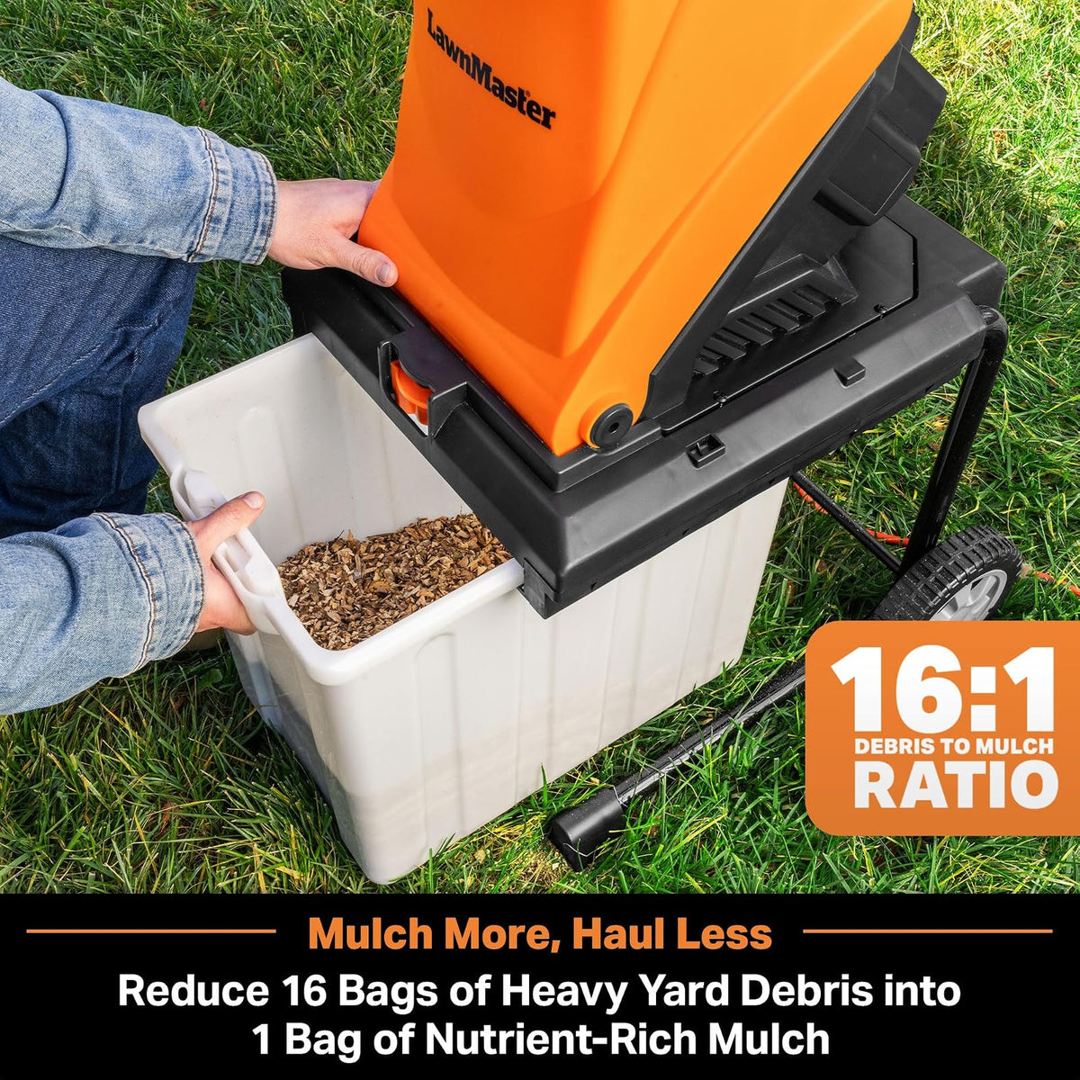 LawnMaster FD1504 - Trituradora eléctrica de madera de 15 amperios con contenedor de colección