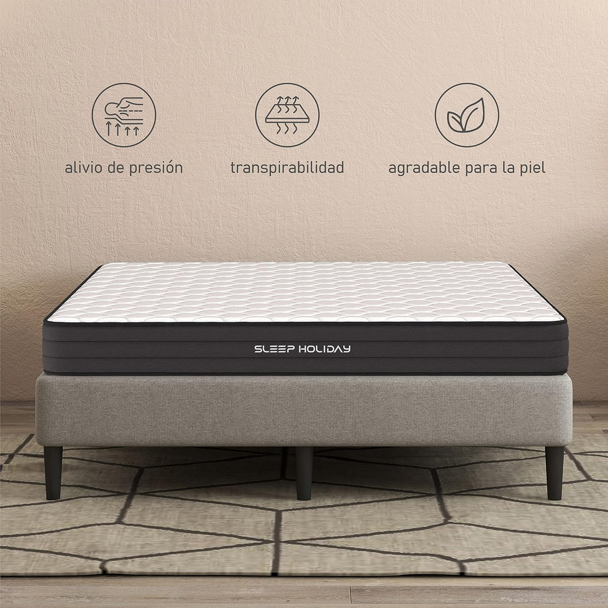 Colchon en Caja Sleep Holiday Basic Individual, firmeza Media, Bonnell, Espuma Limpia y certificada por CertiPUR-US, Durabilidad y Comodidad