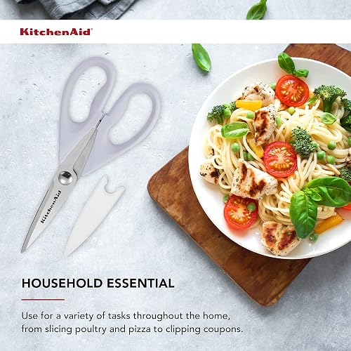 KitchenAid - Tijeras de cocina multiusos con funda protectora, tijeras duraderas de acero inoxidable, aptas para lavaplatos, mango cómodo de agarre suave, 8.72 pulgadas, color crema lavanda