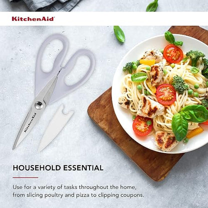 KitchenAid - Tijeras de cocina multiusos con funda protectora, tijeras duraderas de acero inoxidable, aptas para lavaplatos, mango cómodo de agarre suave, 8.72 pulgadas, color crema lavanda