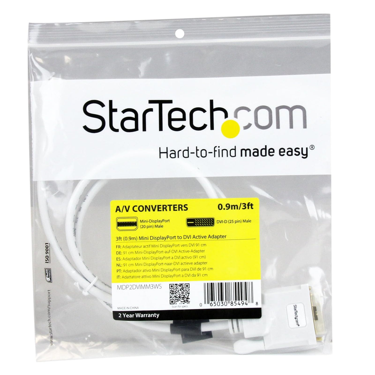 StarTech MDP2DVIMM3WS Cable Adaptador Conversor Mini DisplayPort a DVI, Convertidor Activo, MiniDP Macho, DVI Macho, 2560x1600, 91 cm, Color Blanco