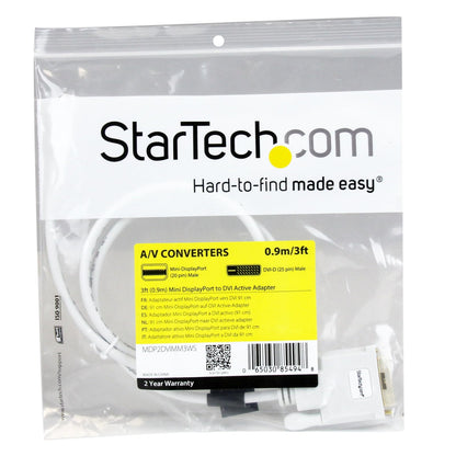 StarTech MDP2DVIMM3WS Cable Adaptador Conversor Mini DisplayPort a DVI, Convertidor Activo, MiniDP Macho, DVI Macho, 2560x1600, 91 cm, Color Blanco