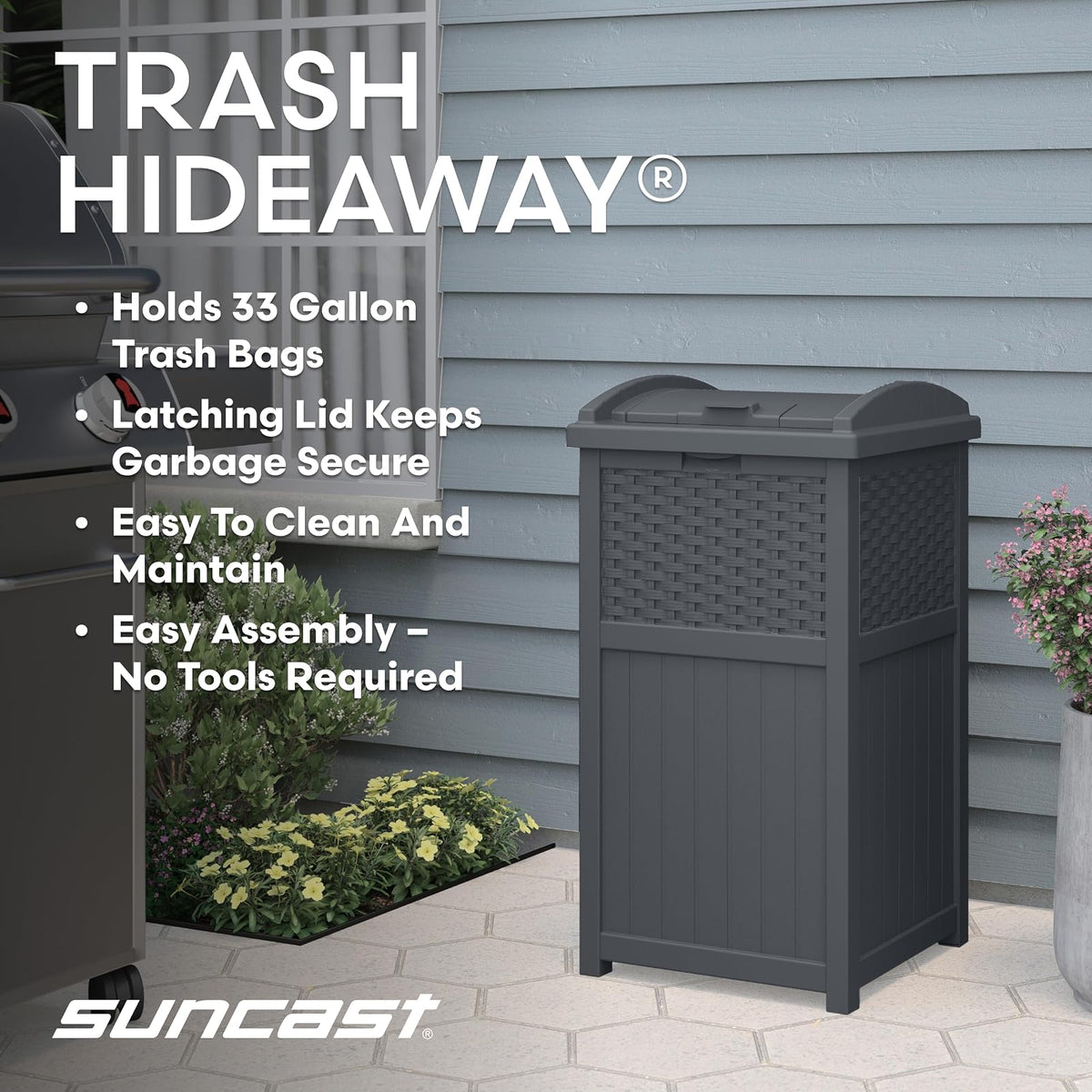 Suncast - Papelera de mimbre de 33 galones con tapa de cierre seguro y construcción resistente a la intemperie para patio, gris ciberespacio, fabricado en los Estados Unidos