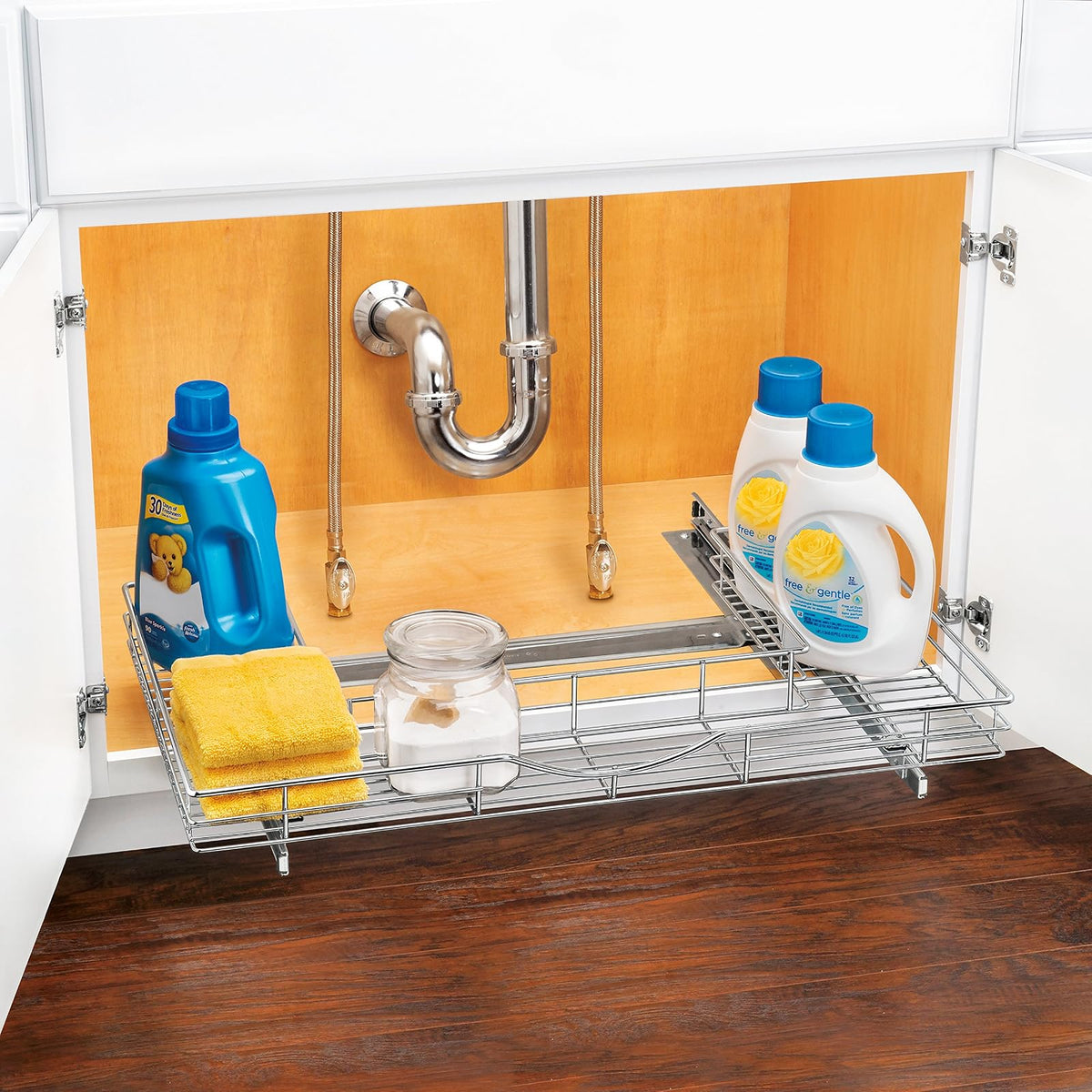 Lynk Organizador de clóset de baño para colocar bajo el lavabo profesional con ruedas – Dos cajones extraíbles con estante deslizante – 29,2 cm ancho x 45,7 cm profundo – Cromo, Organizador en forma de U para debajo del fregadero, Cromado, 1