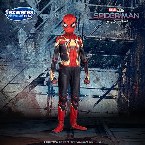 Marvel - Disfraz de Zentai de lujo oficial de Spider-Man integrado para jóvenes, elastano elástico con cremalleras ocultas y aberturas para la muñeca (M) multicolor