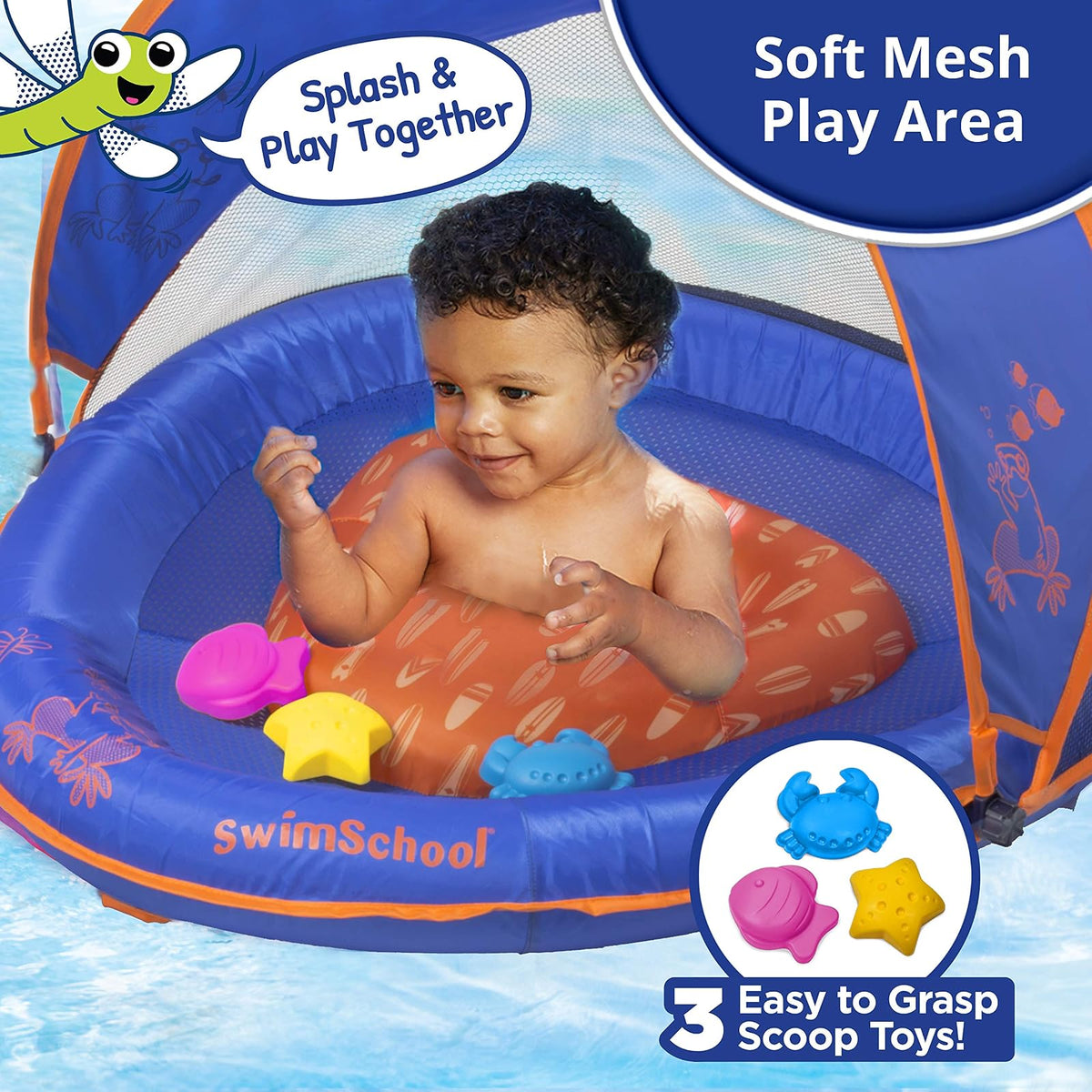 SwimSchool Deluxe Baby Float with Adjustable Canopy - 6-24 Months - Baby Swim Float with Splash & Play Activity Center and Perfect-Fit Safety Seat - Blue/Orange