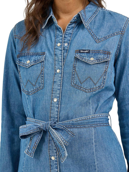 Wrangler Vestido Retro Long Sleeve Western de Algodón para Mujer