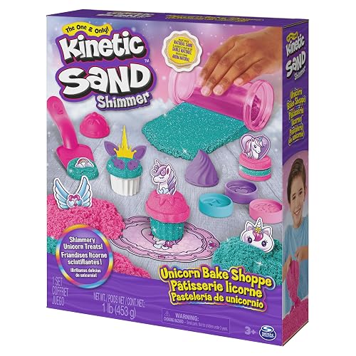 Kinetic Sand, set de juego Tienda de pasteles de unicornio, 453 g de Kinetic Sand (turquesa y rosa), 8 herramientas de unicornio, juguetes sensoriales para niños y niñas a partir de 3 años