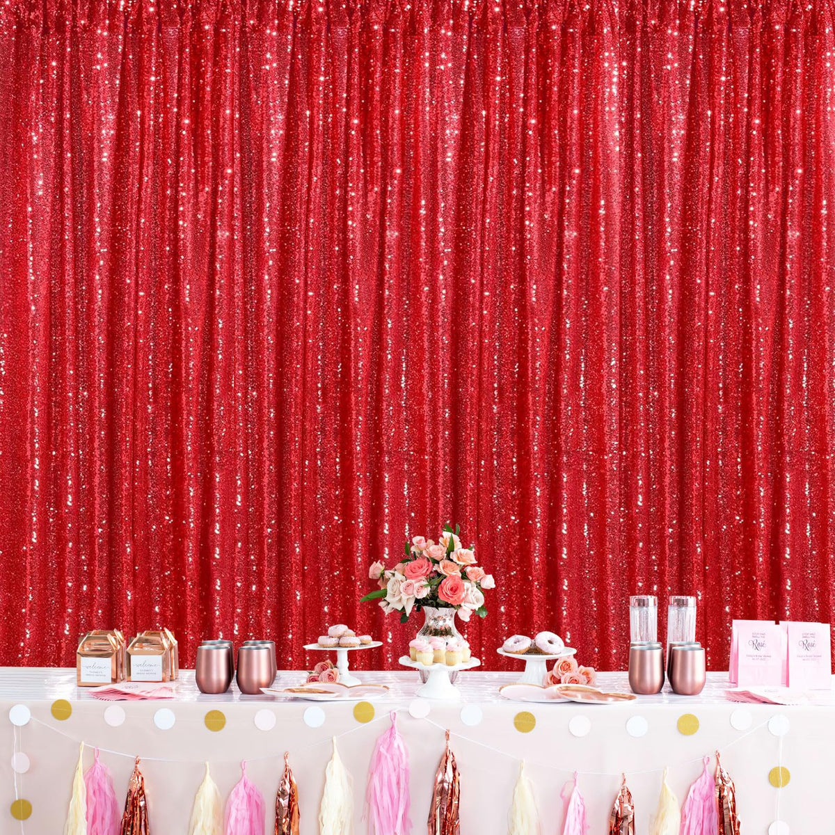 QueenDream Cortinas Rojas de Fondo de Lentejuelas de cumpleaños, Paquete de 3 Cortinas de 2 pies x 8 pies, Cortinas de Fondo para fotografía de Fiesta, Decoraciones de Navidad