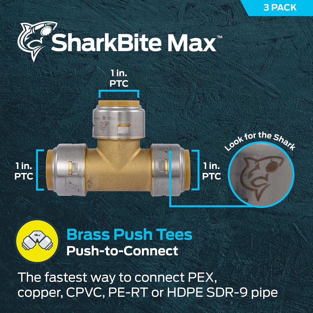SharkBite Max - playera de 1 pulgada, paquete de 3, ajuste de fontanería de latón a presión para conectar, tubería PEX, cobre, CPVC, PE-RT, HDPE, UR374