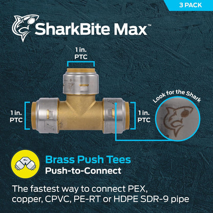 SharkBite Max - playera de 1 pulgada, paquete de 3, ajuste de fontanería de latón a presión para conectar, tubería PEX, cobre, CPVC, PE-RT, HDPE, UR374