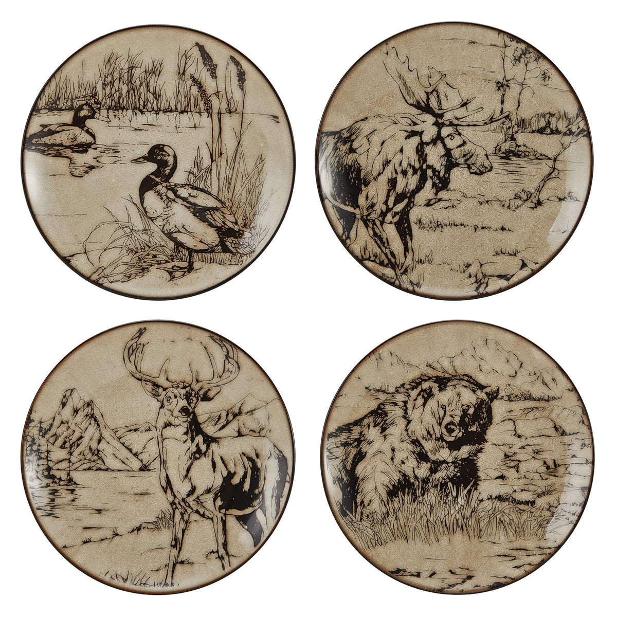 Mossy Oak Animal Print - Juego de vajilla de 16 piezas, servicio para 4, negro y beige