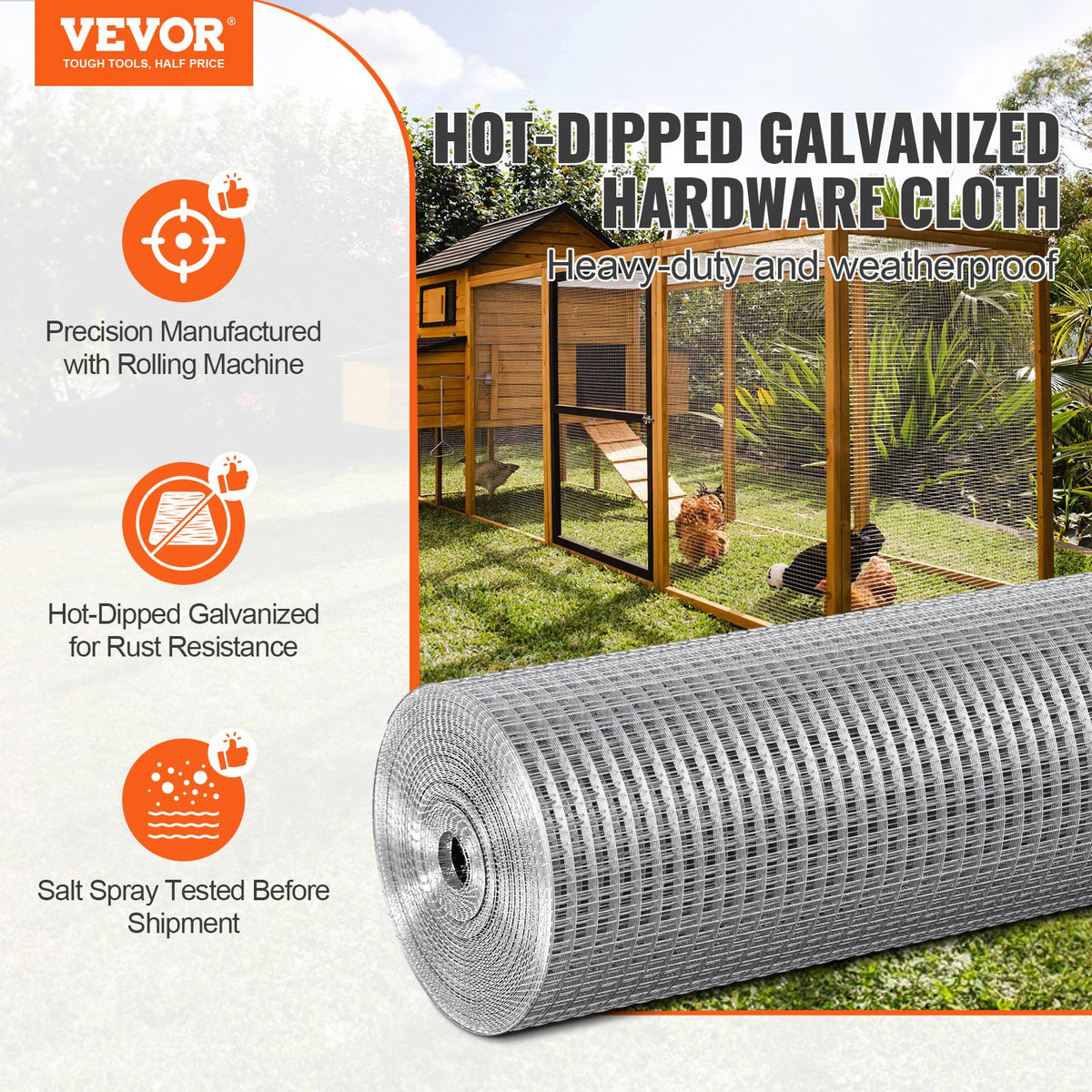 VEVOR Malla de Alambre Soldada 610mm x 30,48m Rollo de Malla de Alambre Galvanizado en Caliente 12,7x12,7 mm Valla de Alambre de Gallinero Calibre 19 para Jaulas de Conejos, Jardín, Roedores Pequeños