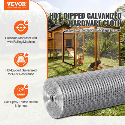 VEVOR Malla de Alambre Soldada 610mm x 30,48m Rollo de Malla de Alambre Galvanizado en Caliente 12,7x12,7 mm Valla de Alambre de Gallinero Calibre 19 para Jaulas de Conejos, Jardín, Roedores Pequeños