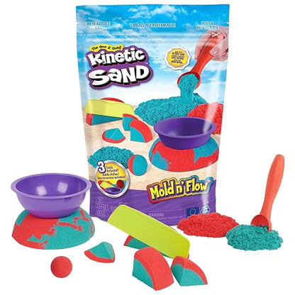Kinetic Sand Mold n’ Flow, 680 g de Arena para Jugar de Color Rojo y Azul Verdoso, 3 Herramientas, Juegos sensoriales para niños a Partir de 3 años