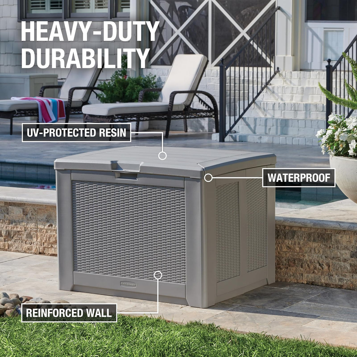 Rubbermaid - Caja de almacenamiento de resina mediana para exteriores (74 galones), resistente a la intemperie, color gris para el hogar, patio trasero, productos químicos de piscina, juguetes