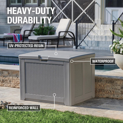 Rubbermaid - Caja de almacenamiento de resina mediana para exteriores (74 galones), resistente a la intemperie, color gris para el hogar, patio trasero, productos químicos de piscina, juguetes