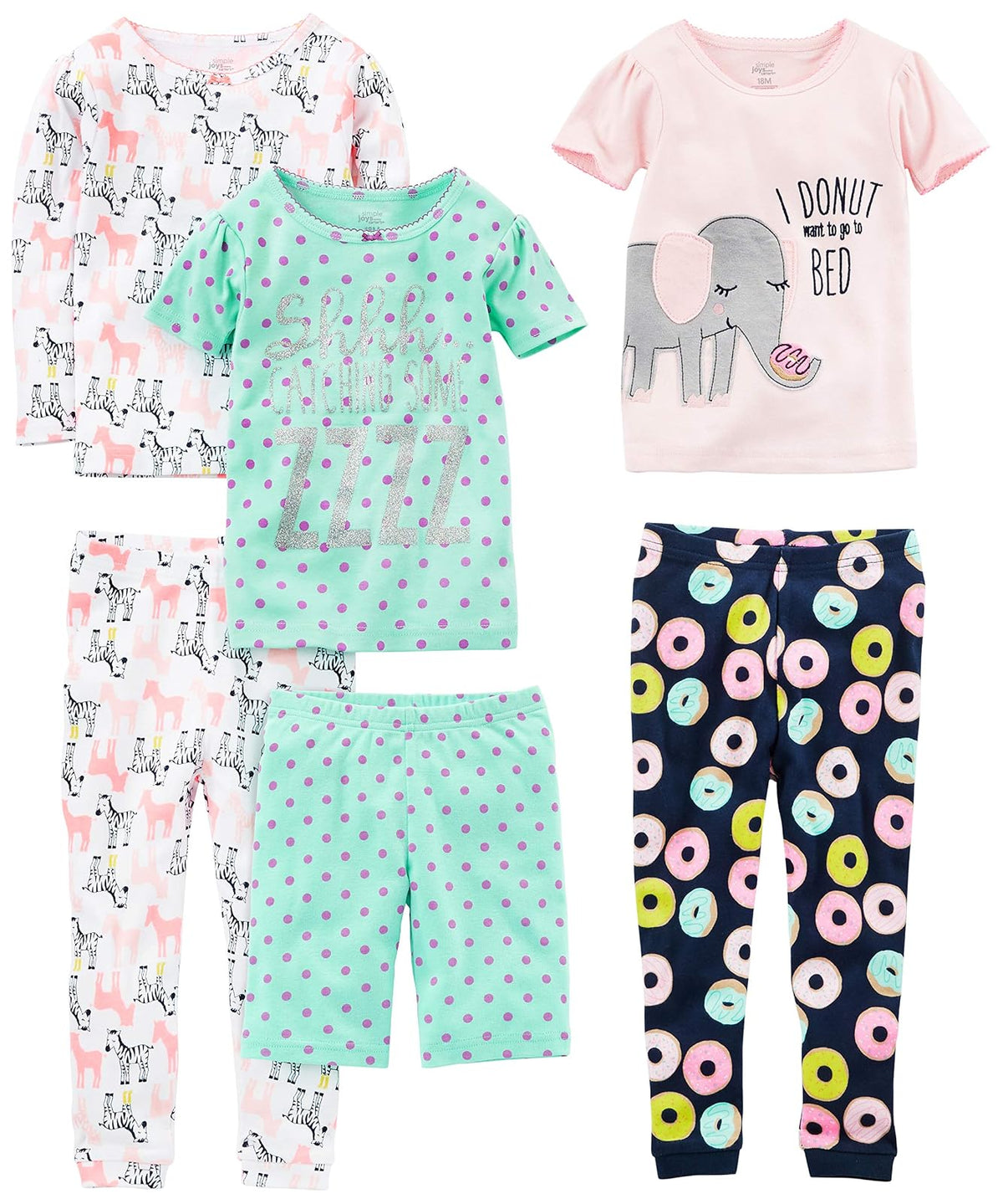 Simple Joys by Carter's Pijama 6 Piezas Ajuste Cómodo Niña - 12 Meses - Donuts - Zebra - Dots