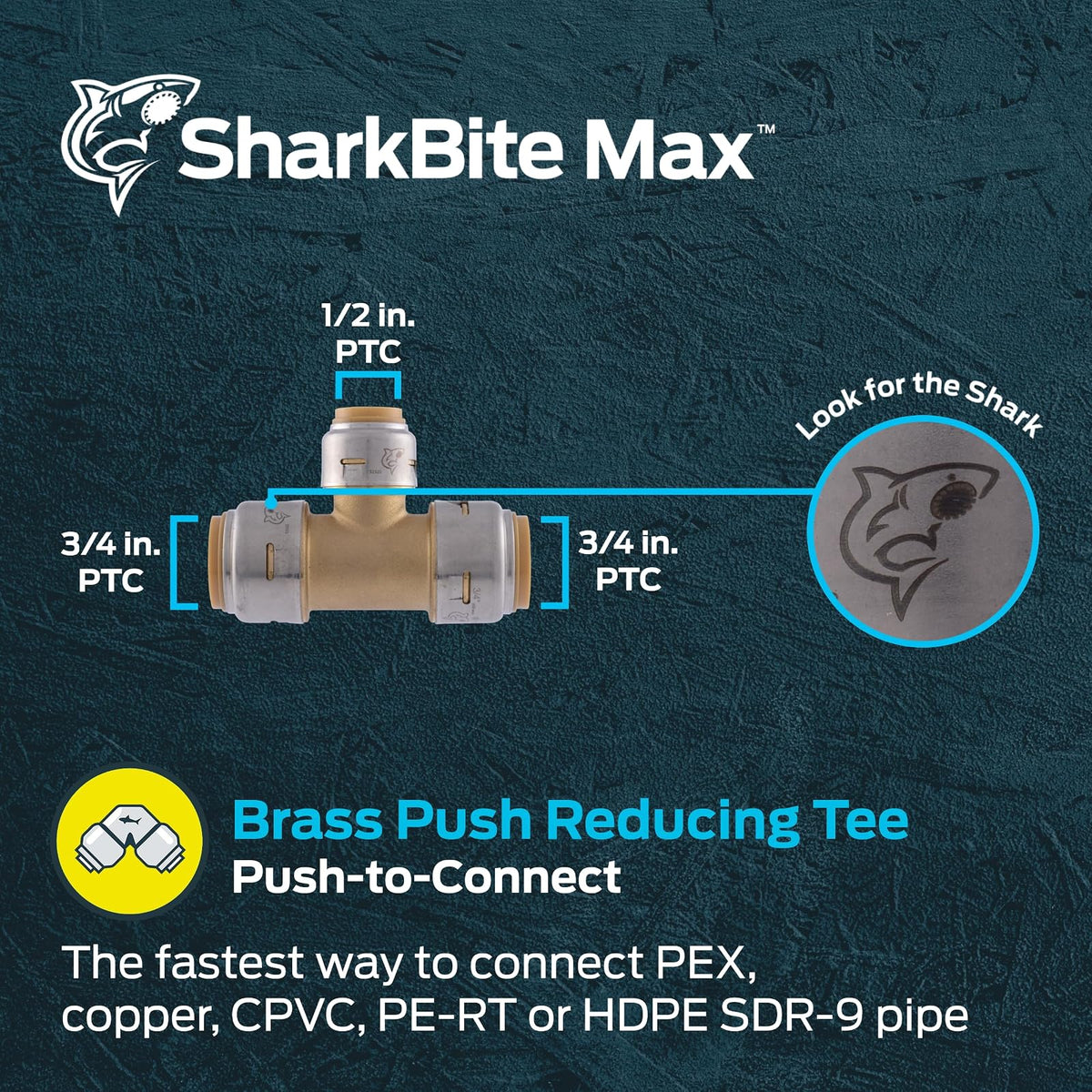 SharkBite - Reductor de 3/4" x 3/4" x 1/2" de latón, conexión por presión, para tuberías PEX, cobre, CPVC, PE-RT, HDPE, UR412A