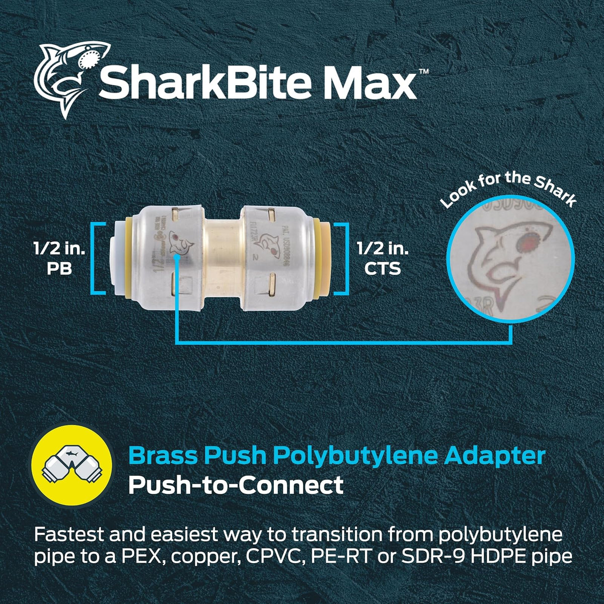 SharkBite Max - Acoplamiento de transición de polibutileno de 1/2 pulgadas, ajuste de fontanería de latón a presión para conectar, tubería PEX, cobre, CPVC, PE-RT, HDPE, UR4008A