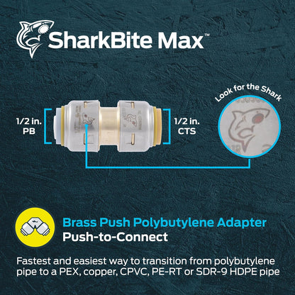 SharkBite Max - Acoplamiento de transición de polibutileno de 1/2 pulgadas, ajuste de fontanería de latón a presión para conectar, tubería PEX, cobre, CPVC, PE-RT, HDPE, UR4008A