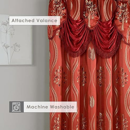 Elegant Comfort Luxurious Beautiful Curtain Panel Set with Attached Valance 54" X 84 inch (Set of 2), Burgundy