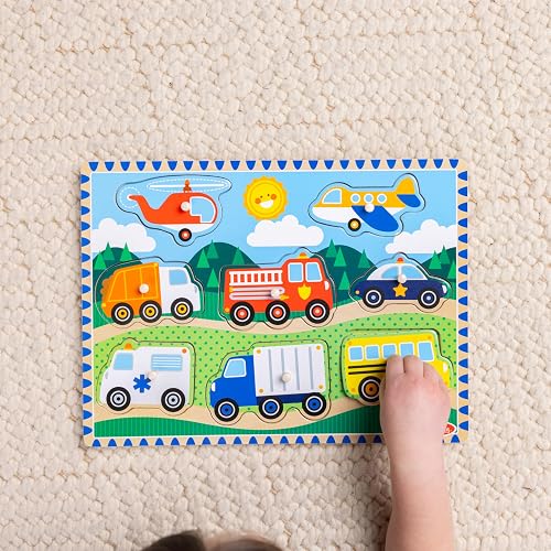 Melissa & Doug Rompecabezas de Vehículos con Clavijas, Juguete de Madera, Coloridas Ilustraciones de Vehículos, Construcción de Madera Extra-Gruesa (8 Piezas)