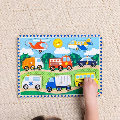 Melissa & Doug Rompecabezas de Vehículos con Clavijas, Juguete de Madera, Coloridas Ilustraciones de Vehículos, Construcción de Madera Extra-Gruesa (8 Piezas)