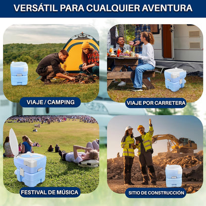 SereneLife Inodoro Portátil de 20 Litros para Camping, 120 Descargas con Embudo de Plástico, Pulverizador de Mano, Asiento Diagonal y Soporte Móvil, Inodoro Portátil para Camping, Senderismo y Viajes