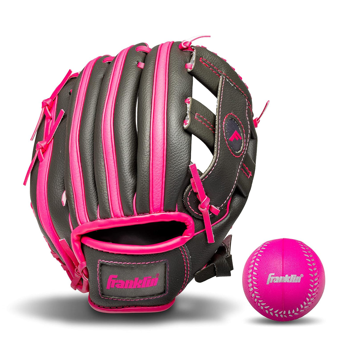 Franklin Sports Guante y Pelota de T-Ball para Niños, 9.5" - Grafito - Rosa - Lanzador para diestros