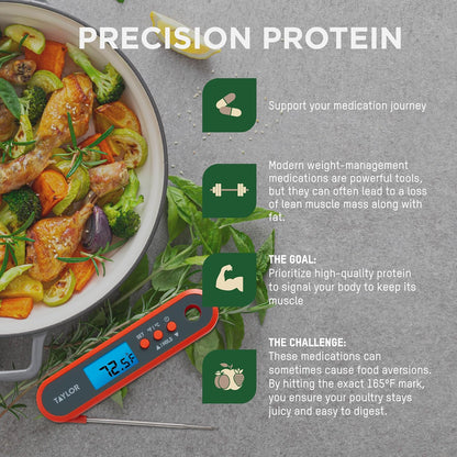 Taylor Digital - Termómetro digital impermeable para alimentos y carne, con una sonda plegable, preajustes programables, visualización retroiluminada para horno, parrilla, ahumador y barbacoa, incluye